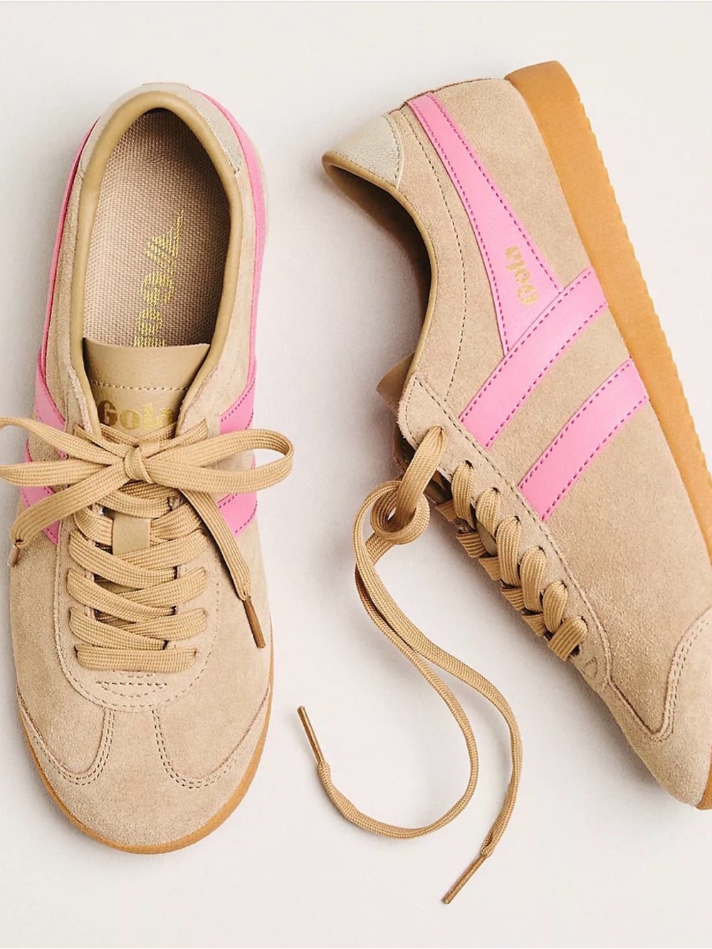 Gola Women's Bullet Pure Suede Sneaker in Tan with Pink Stripes